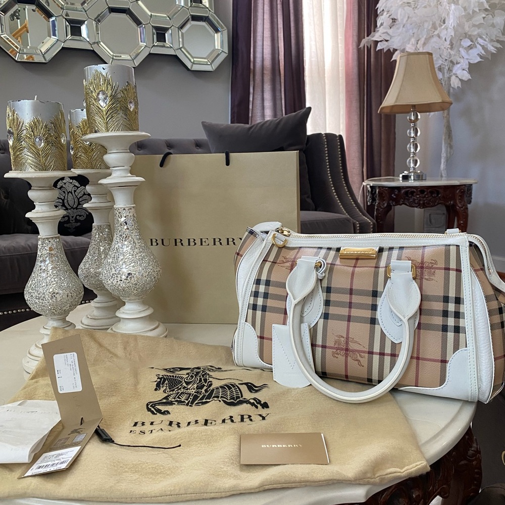 REAL PICS! Burberry camel print check white bag